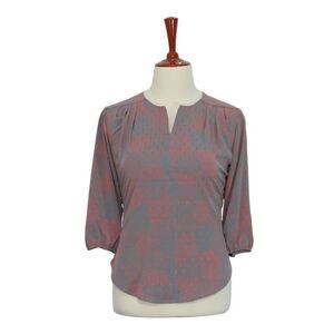 Womens Silky Blouse Red Green Abstract Geometric 3/4 Sleeve V-Neck Casual Large